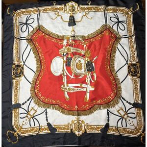 Vintage Square Scarf Equestrian Red Gold Medallions BOHO Renaissance Royalcore